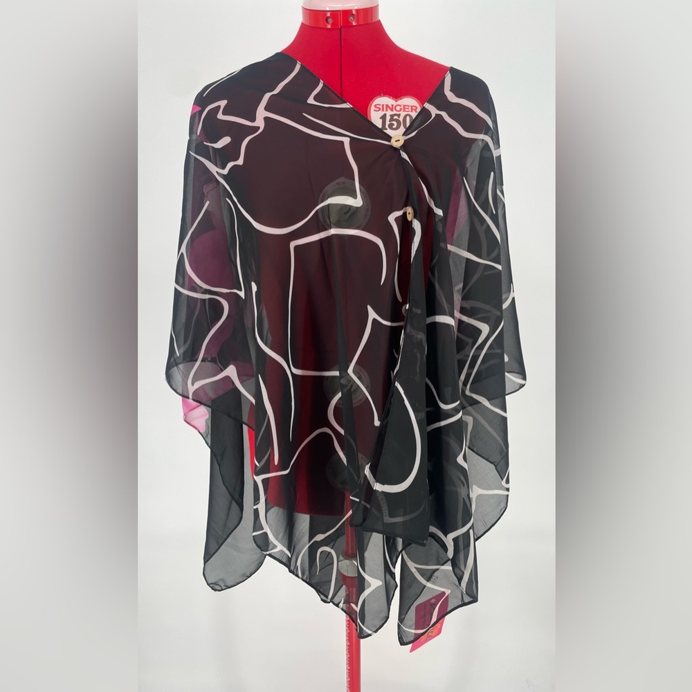 Y2K NWT Tropical Floral Sheer Chiffon Shawl Poncho Hawaiian Scarf W/ Buttons - Picture 5 of 9